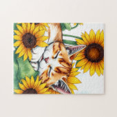 Cute Napping Kitten and Sunflowers ジグソーパズル (横)
