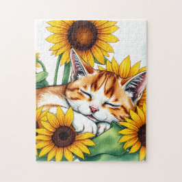 Cute Napping Kitten and Sunflowers ジグソーパズル