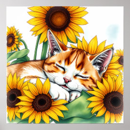 Cute Napping Kitten and Sunflowers ポスター