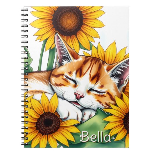 Cute Napping Kitten and Sunflowers Personalized ノートブック (正面)