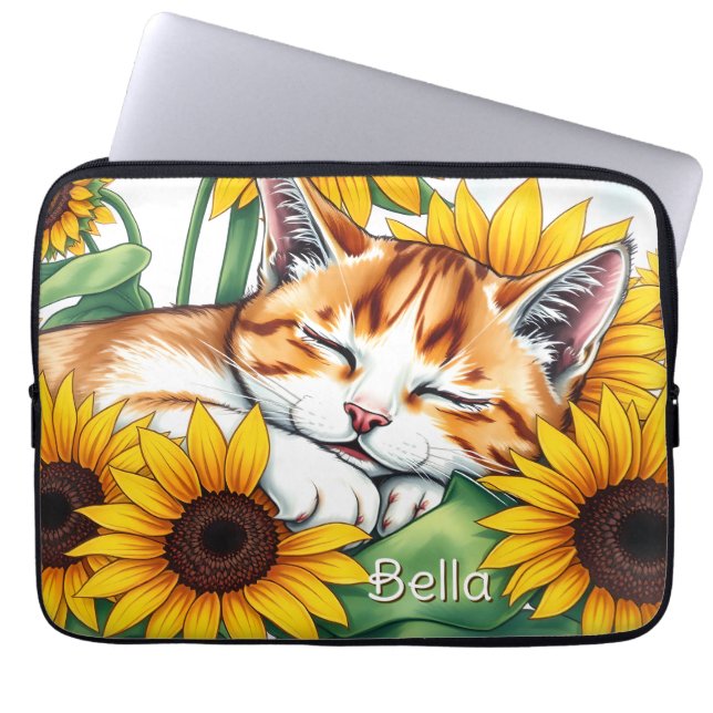 Cute Napping Kitten and Sunflowers Personalized ラップトップスリーブ (正面)