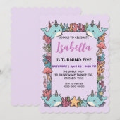 Cute Narwhal fish Pattern Watercolor Under the Sea セーブザデート (正面/裏面)