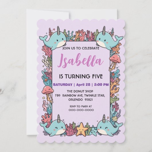 Cute Narwhal fish Pattern Watercolor Under the Sea セーブザデート (正面)