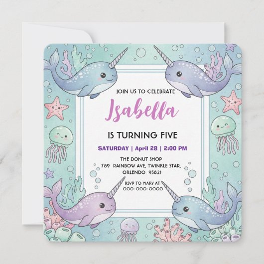 Cute Narwhal fish Pattern Watercolor Under the Sea セーブザデート (正面)