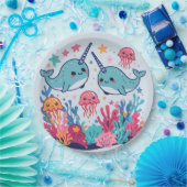 Cute Narwhal fish Pattern Watercolor Under the Sea ペーパープレート (パーティー)