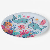 Cute Narwhal fish Pattern Watercolor Under the Sea ペーパープレート (アングル)