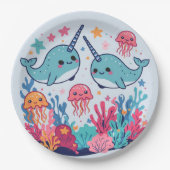 Cute Narwhal fish Pattern Watercolor Under the Sea ペーパープレート (正面)