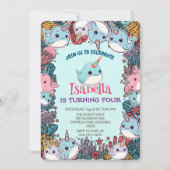 Cute Narwhal fish Pattern Watercolor Under the Sea 招待状 (正面)