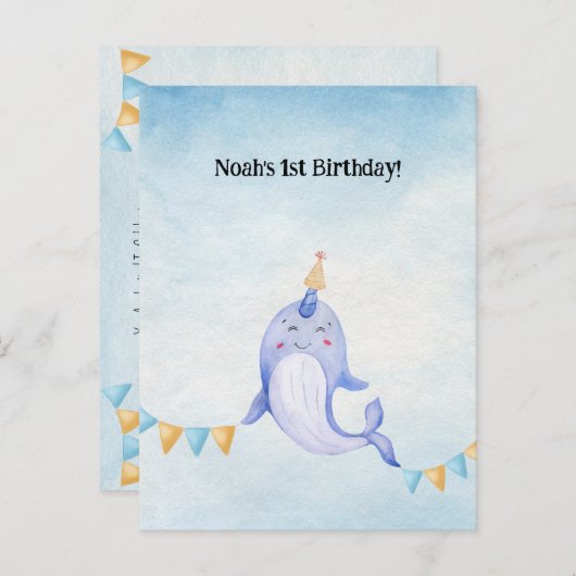 Cute Narwhal Ocean Theme Narwal Birthday Invite ポストカード (正面/裏面)