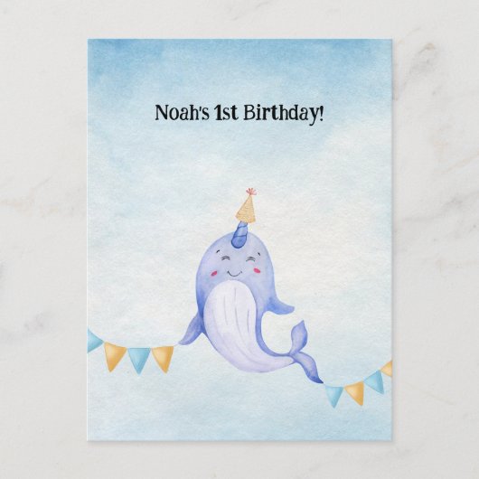 Cute Narwhal Ocean Theme Narwal Birthday Invite ポストカード (正面)