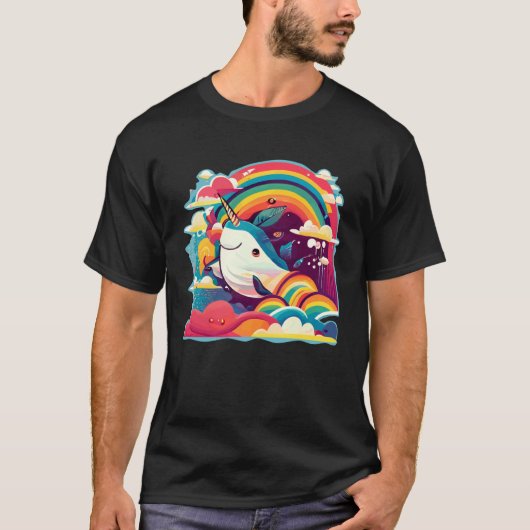 Cute Narwhal Sea Creature Rainbows Clouds And Narw Tシャツ (正面)