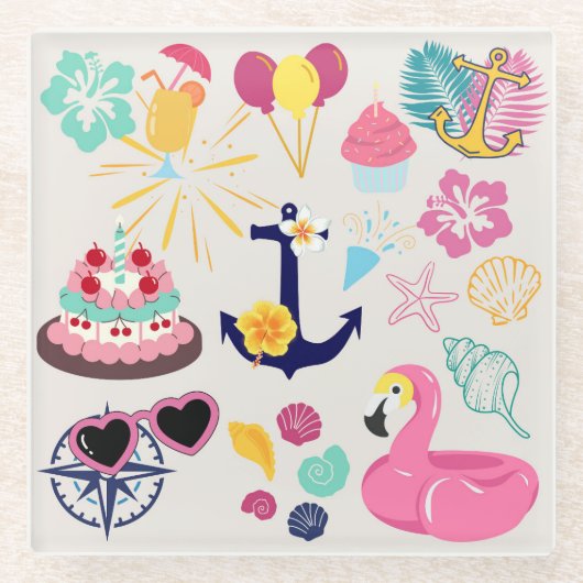 Cute Nautical Birthday ガラスコースター (正面)
