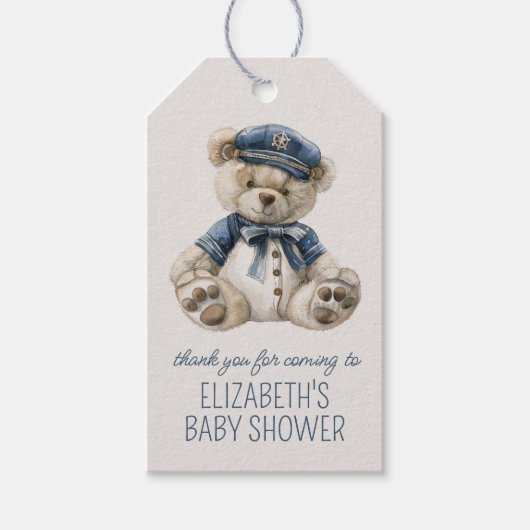 Cute Nautical Blue Baby Bear Baby Shower ギフトタグ (正面)