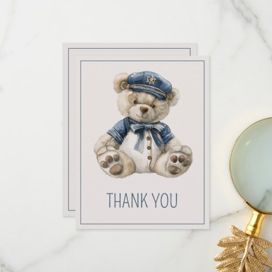 Cute Nautical Blue Baby Bear Baby Shower サンキューカード (正面/裏面インサイチュ)