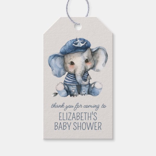 Cute Nautical Blue Baby Elephant Baby Shower ギフトタグ (正面)