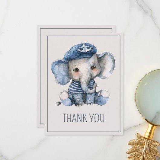 Cute Nautical Blue Baby Elephant Baby Shower サンキューカード (正面/裏面インサイチュ)