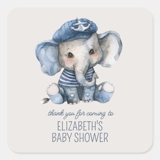 Cute Nautical Blue Baby Elephant Baby Shower スクエアシール (正面)