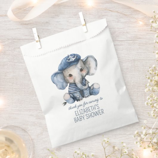 Cute Nautical Blue Baby Elephant Baby Shower フェイバーバッグ (クリップ留めされた状態)