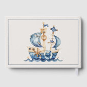 Cute Nautical Blue Sailing Ship Baby Shower ゲストブック (裏面)