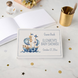 Cute Nautical Blue Sailing Ship Baby Shower ゲストブック