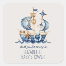Cute Nautical Blue Sailing Ship Baby Shower スクエアシール