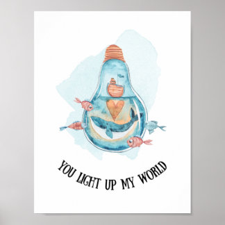 Cute Nautical Blue Whale Nursery/Bathroom Wall Art ポスター