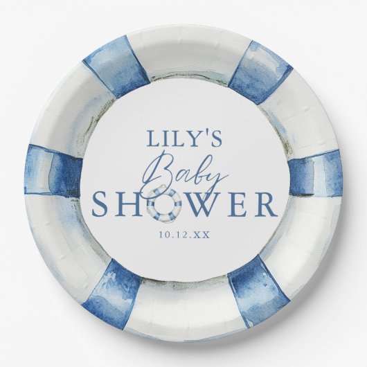 Cute Nautical Ocean Lifebuoy Baby Shower ペーパープレート (正面)