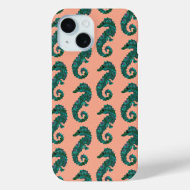 Cute Nautical Teal and Coral Seahorse Pattern iPhone 15ケース