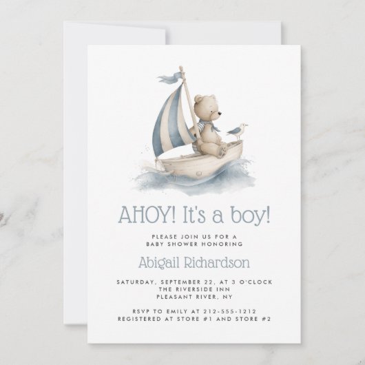 Cute Nautical Teddy Bear Boy Baby Shower 招待状 (正面)