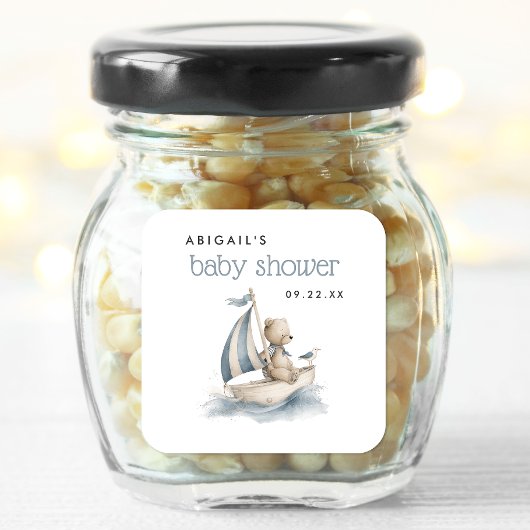 Cute Nautical Teddy Bear Boys Baby Shower スクエアシール