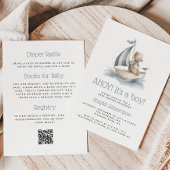 Cute Nautical Teddy Bear QR Code Boy Baby Shower 招待状