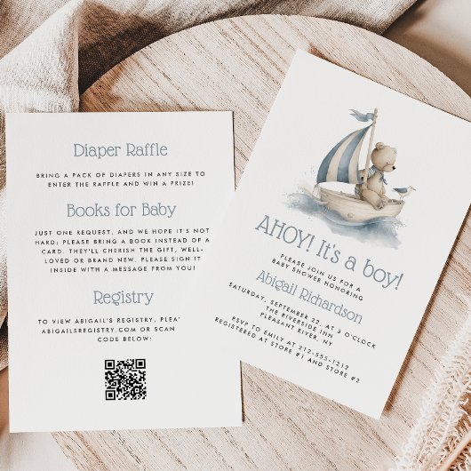 Cute Nautical Teddy Bear QR Code Boy Baby Shower 招待状