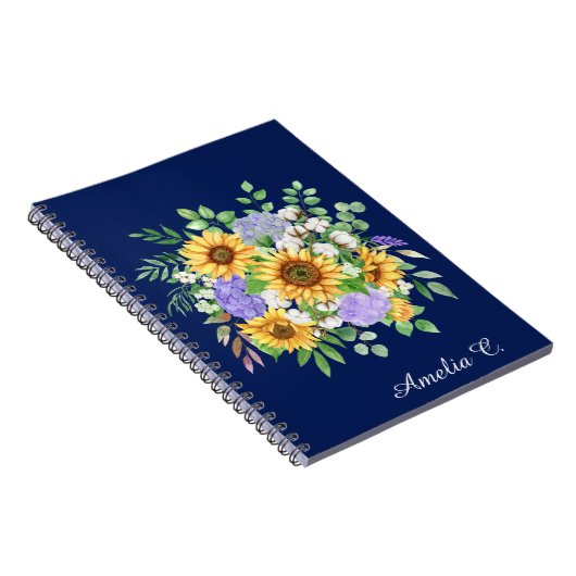 Cute Navy Blue Boho Wildflowers Notebook Journal ノートブック (右側)