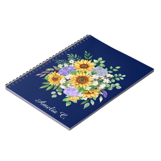 Cute Navy Blue Boho Wildflowers Notebook Journal ノートブック (左側)