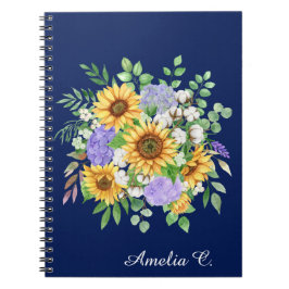 Cute Navy Blue Boho Wildflowers Notebook Journal ノートブック