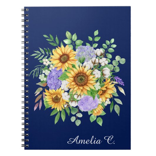 Cute Navy Blue Boho Wildflowers Notebook Journal ノートブック (正面)