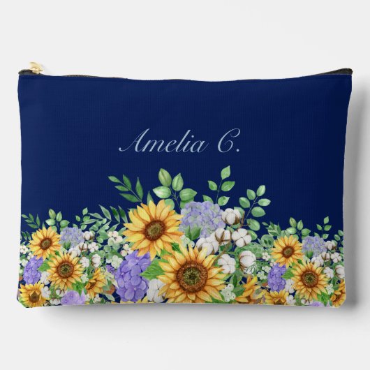 Cute Navy Blue Watercolor Wildflowers Cosmetic Bag アクセサリーポーチ (正面)