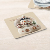 Cute Needle Felted Snowman Snowglobe スクエアペーパーコースター (アングル)