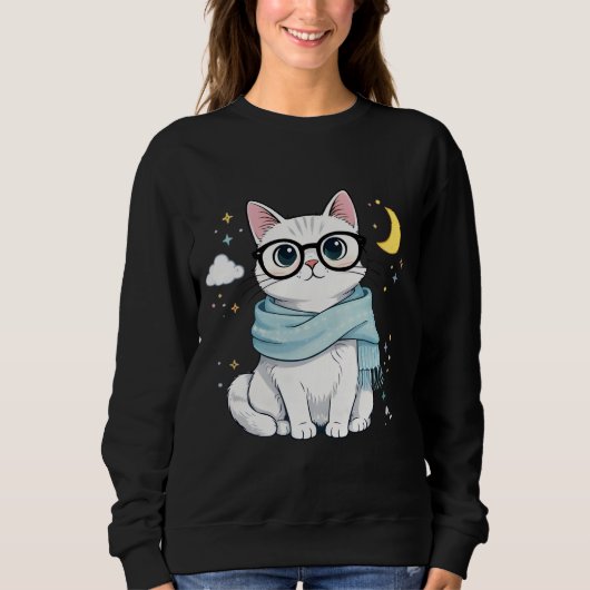 Cute Nerdy Cat with Glasses and Scarf スウェットシャツ (正面)