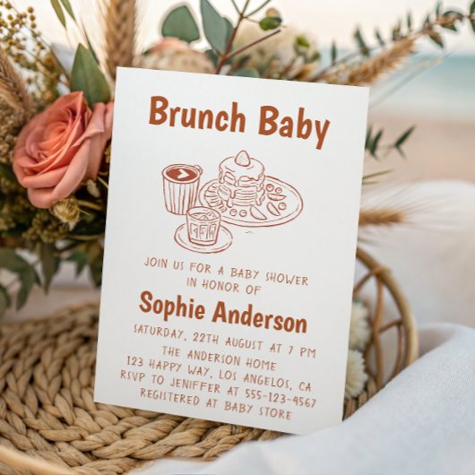 Cute Neutral Coffee & Pancakes Brunch Baby Shower 招待状