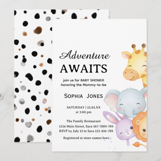 Cute Neutral Forest Animals Baby Shower 招待状 (正面/裏面)