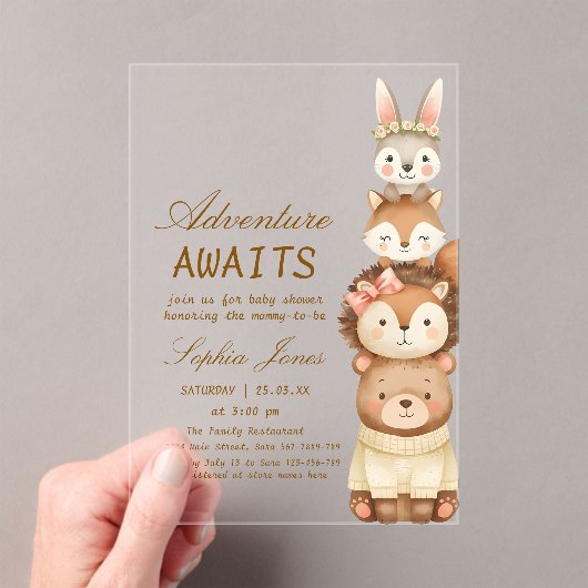 Cute Neutral Forest Animals Baby Shower Invitation アクリル招待状 (インサイチュ (ポータブル))