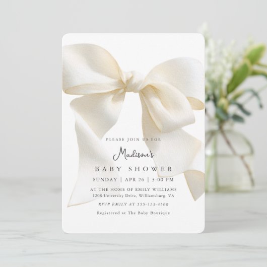 Cute Neutral Ivory Coquette Bow Baby Shower 招待状 (スタンド正面)