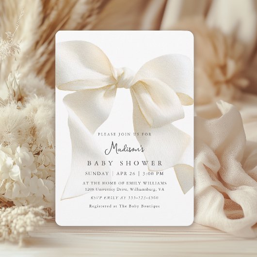 Cute Neutral Ivory Coquette Bow Baby Shower 招待状