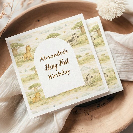 Cute Neutral Safari Animals First Birthday スタンダードカクテルナプキン