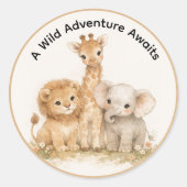 Cute Neutral Safari Animals Lion Giraffe Elephant ラウンドシール (正面)