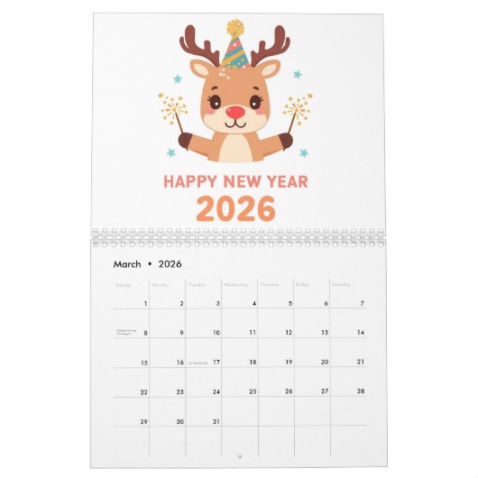 cute new year 2026 wall calendar カレンダー (3月 2026)