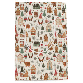 Cute Nordic Christmas Gnomes & Gingerbread Village ミディアムペーパーバッグ