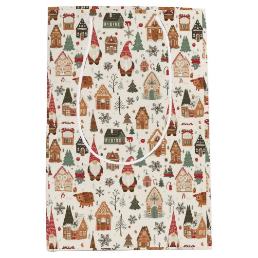 Cute Nordic Christmas Gnomes & Gingerbread Village ミディアムペーパーバッグ (正面)