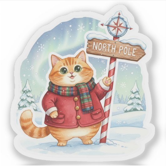 Cute North Pole Cat in Coat & Scarf Christmas  シール (正面)